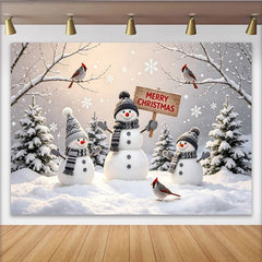 Lofaris Merry Christmas Snowman Winter Wonderland Backdrop with Snowy Pine Trees and Falling Snowflakes, Festive Holiday Photography Background
