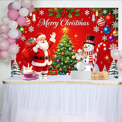 Lofaris Merry Christmas Santa Claus and Snowman Backdrop with Festive Tree and Gifts, Red Holiday for Winter Party Decor and Photoshoot