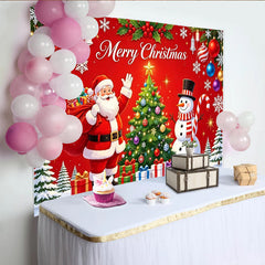 Lofaris Merry Christmas Santa Claus and Snowman Backdrop with Festive Tree and Gifts, Red Holiday for Winter Party Decor and Photoshoot