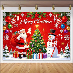 Lofaris Merry Christmas Santa Claus and Snowman Backdrop with Festive Tree and Gifts, Red Holiday for Winter Party Decor and Photoshoot