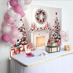 Lofaris White Christmas Tree Fireplace Holiday Backdrop, Red Ornaments and Gifts, Cozy Winter Wonderland for Family Photos and Party Decor