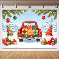 Lofaris Cute Christmas Holiday Backdrop with Gnomes, Red Truck and Gifts, Snowy Winter Wonderland Background for Festive Party Decoration