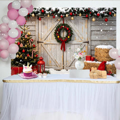 Lofaris Snowy Christmas Tree and Rustic Barn Door Christmas Backdrop, Festive Winter Wonderland Background for Holiday Party Decoration