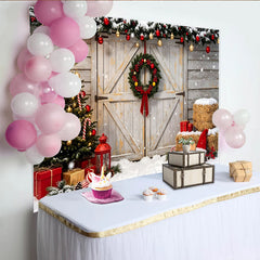 Lofaris Snowy Christmas Tree and Rustic Barn Door Christmas Backdrop, Festive Winter Wonderland Background for Holiday Party Decoration