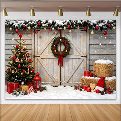 Lofaris Snowy Christmas Tree and Rustic Barn Door Christmas Backdrop, Festive Winter Wonderland Background for Holiday Party Decoration