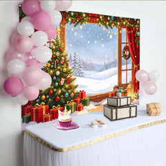 Lofaris Cozy Christmas Tree Backdrop with Gifts and Snowy Window View, Festive Holiday Background for Winter Party Decor