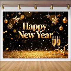 Lofaris Gold Glitter Happy New Year Backdrop with Champagne Glasses and Stars, Festive Party Background for Celebration Photography