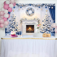 Lofaris Elegant Blue and White Christmas Tree Backdrop with Fireplace and Gifts, Luxurious Winter Holiday Background for Festive Photography