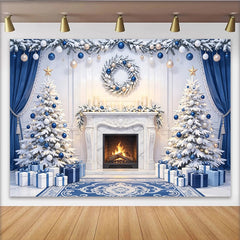 Lofaris Elegant Blue and White Christmas Tree Backdrop with Fireplace and Gifts, Luxurious Winter Holiday Background for Festive Photography