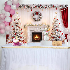 Lofaris Snowy Christmas Tree Fireplace Backdrop, Red and Gold Ornaments, Luxurious Winter Holiday Background for Family Photoshoot