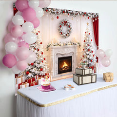 Lofaris Snowy Christmas Tree Fireplace Backdrop, Red and Gold Ornaments, Luxurious Winter Holiday Background for Family Photoshoot