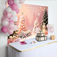 Lofaris Whimsical Pink Christmas Backdrop with Snowman and Snowy Trees, Winter Wonderland Photo Background for Holiday Party Decor
