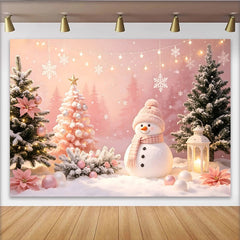Lofaris Whimsical Pink Christmas Backdrop with Snowman and Snowy Trees, Winter Wonderland Photo Background for Holiday Party Decor