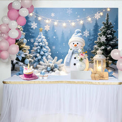 Lofaris Snowy Winter Christmas Backdrop with Cute Snowman and Blue Trees, Festive Holiday Background for Family Photoshoot and Party Decor