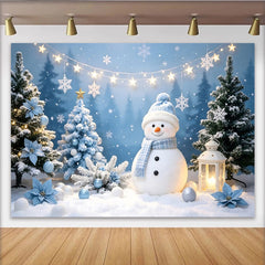 Lofaris Snowy Winter Christmas Backdrop with Cute Snowman and Blue Trees, Festive Holiday Background for Family Photoshoot and Party Decor