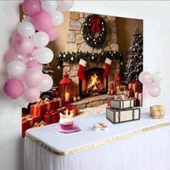 Lofaris Cozy Christmas Fireplace Backdrop with Decorated Trees and Gifts, Festive Holiday Background for Family Photoshoot