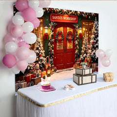 Lofaris Santa's Workshop Christmas Backdrop, Snowy Trees and Red Doors Festive Winter Holiday Photography Background Decor