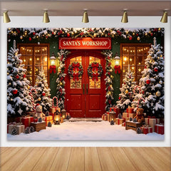 Lofaris Santa's Workshop Christmas Backdrop, Snowy Trees and Red Doors Festive Winter Holiday Photography Background Decor