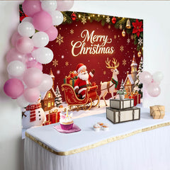 Lofaris Vibrant Red Christmas Backdrop with Santa Claus, Reindeer, Snowman, and Snowy Village, Holiday Party Photography Background