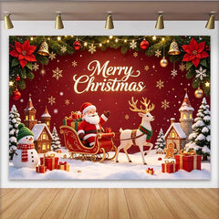 Lofaris Vibrant Red Christmas Backdrop with Santa Claus, Reindeer, Snowman, and Snowy Village, Holiday Party Photography Background
