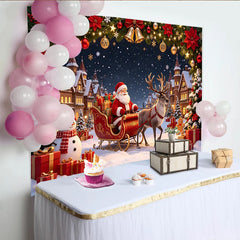 Lofaris Snowy Christmas Village Backdrop with Santa, Reindeer and Sleigh, Festive Winter Holiday Background for Party Decor and Photoshoot.