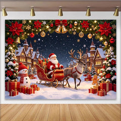 Lofaris Snowy Christmas Village Backdrop with Santa, Reindeer and Sleigh, Festive Winter Holiday Background for Party Decor and Photoshoot.