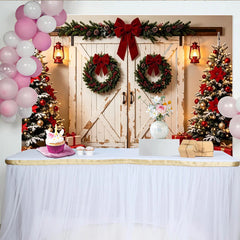 Lofaris Rustic Christmas Barn Door Backdrop with Decorated Trees and Red Bows, Festive Holiday Decor Background for Family Photos