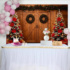 Lofaris Rustic Barn Door Christmas Backdrop with Decorated Trees, Festive Holiday Photography Background for Winter Party Decor