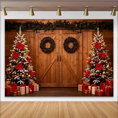 Lofaris Rustic Barn Door Christmas Backdrop with Decorated Trees, Festive Holiday Photography Background for Winter Party Decor