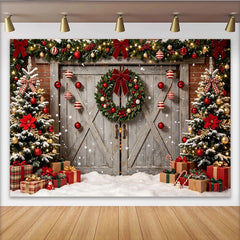 Lofaris Snowy Christmas Tree and Wreath Holiday Backdrop, Rustic Wooden Door Background for Winter Party