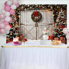 Lofaris Snowy Christmas Tree and Gift Boxes Holiday Backdrop, Rustic Barn Door Winter Photography Background