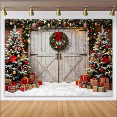 Lofaris Snowy Christmas Tree and Gift Boxes Holiday Backdrop, Rustic Barn Door Winter Photography Background