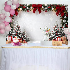 Lofaris Snowy Christmas Tree Backdrop with Red Bows and Garlands, Festive Winter Holiday Background for Family Photoshoot