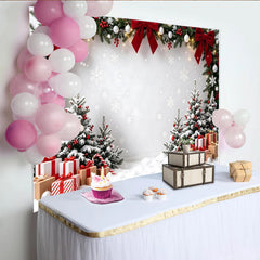 Lofaris Snowy Christmas Tree Backdrop with Red Bows and Garlands, Festive Winter Holiday Background for Family Photoshoot
