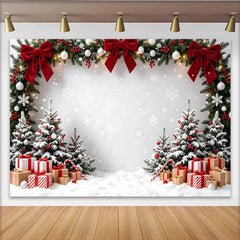 Lofaris Snowy Christmas Tree Backdrop with Red Bows and Garlands, Festive Winter Holiday Background for Family Photoshoot