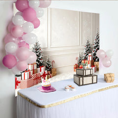 Lofaris White Christmas Tree Backdrop with Snowflakes and Gift Boxes, Festive Winter Holiday Background for Studio Photography