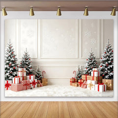 Lofaris White Christmas Tree Backdrop with Snowflakes and Gift Boxes, Festive Winter Holiday Background for Studio Photography