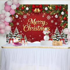 Lofaris Red Christmas Backdrop with Golden Merry Christmas Text, Snowflakes, Pine Trees and Gifts, Festive Holiday Photo Prop
