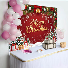 Lofaris Red Christmas Backdrop with Golden Merry Christmas Text, Snowflakes, Pine Trees and Gifts, Festive Holiday Photo Prop