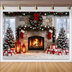 Lofaris Cozy Christmas Fireplace Backdrop with Decorated Trees and Gifts, Festive Winter Holiday Scene Background for Family Photos