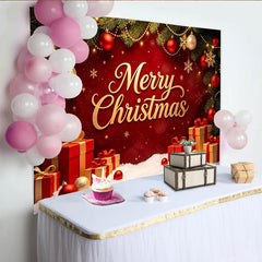 Lofaris Golden Merry Christmas Backdrop with Red Ornaments, Pine Branches and Gift Boxes, Festive Holiday Decor for Photography