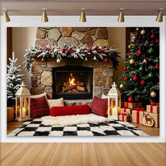 Lofaris Cozy Christmas Fireplace Backdrop with Decorated Tree and Presents, Festive Holiday Background for Family Photoshoot and Winter Decor