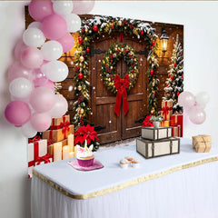 Lofaris Snowy Wooden Door Christmas Backdrop with Festive Wreath and Lights, Elegant Winter Holiday Background for Photoshoot