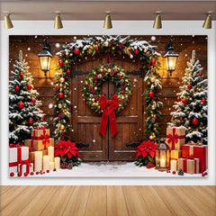 Lofaris Snowy Wooden Door Christmas Backdrop with Festive Wreath and Lights, Elegant Winter Holiday Background for Photoshoot