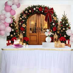 Lofaris Festive Christmas Backdrop with Arched Doorway, Green Garland, Red Bow and Poinsettias, Elegant Holiday Decor for Family Photoshoot
