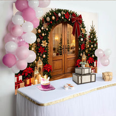 Lofaris Festive Christmas Backdrop with Arched Doorway, Green Garland, Red Bow and Poinsettias, Elegant Holiday Decor for Family Photoshoot