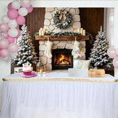 Lofaris Cozy Christmas Fireplace Backdrop with Flocked Trees and Stockings, Festive Winter Holiday Background for Photoshoot