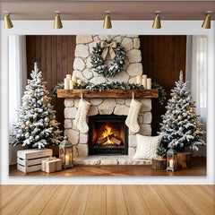 Lofaris Cozy Christmas Fireplace Backdrop with Flocked Trees and Stockings, Festive Winter Holiday Background for Photoshoot