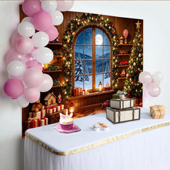 Lofaris Cozy Christmas Tree and Gifts Backdrop with Snowy Window View, Festive Holiday Decor for Winter Photography