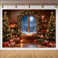 Lofaris Cozy Christmas Room Backdrop with Decorated Trees and Snowy Window, Festive Holiday Photography Background for Winter Decor